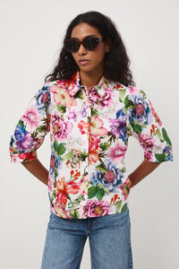 Γυναικείο βαμβακερό πουκάμισο με floral print σε λευκή βάση και πολύχρωμες λεπτομέρειες