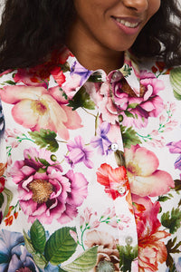 Γυναικείο βαμβακερό πουκάμισο με floral print σε λευκή βάση και πολύχρωμες λεπτομέρειες