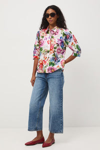 Γυναικείο βαμβακερό πουκάμισο με floral print σε λευκή βάση και πολύχρωμες λεπτομέρειες