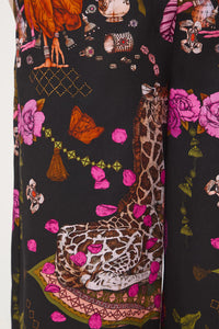 Γυναικείο wide leg παντελόνι με exotic tropical print σε μαύρη βάση και φούξια λεπτομέρειες