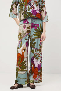 Γυναικείο wide leg παντελόνι με lyocell και exotic botanical print σε aqua και berry αποχρώσεις