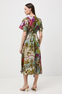 Κρουαζέ midi φόρεμα με πρόσμιξη λινού και exotic print σε φυστικί και εκρού αποχρώσεις με ζώνη στη μέση