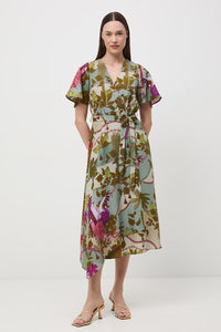 Κρουαζέ midi φόρεμα με πρόσμιξη λινού και exotic print σε φυστικί και εκρού αποχρώσεις με ζώνη στη μέση