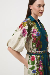 Φαρδύ Φόρεμα από Βισκόζη με Botanical Print και Ζώνη