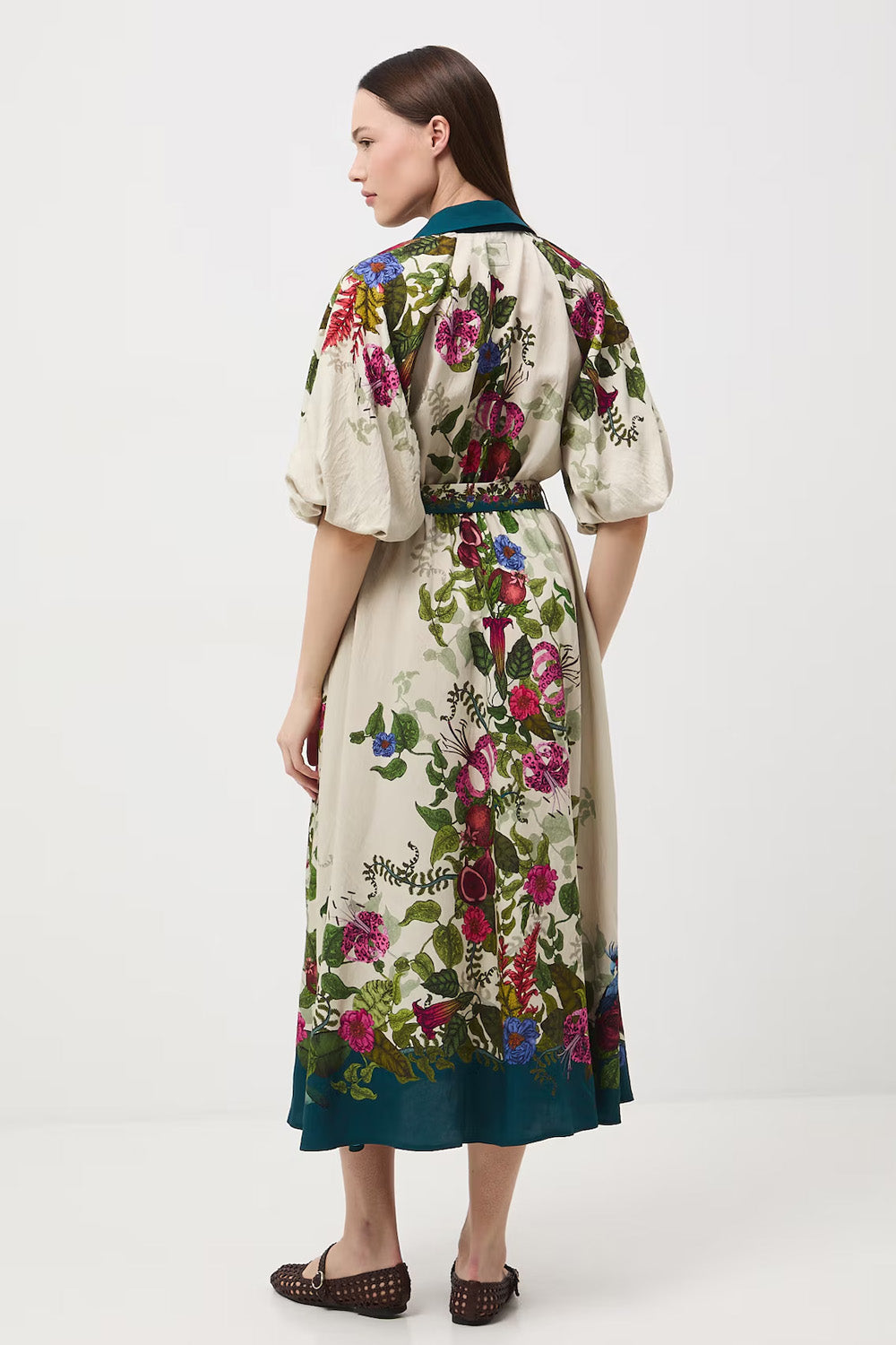 Φαρδύ Φόρεμα από Βισκόζη με Botanical Print και Ζώνη
