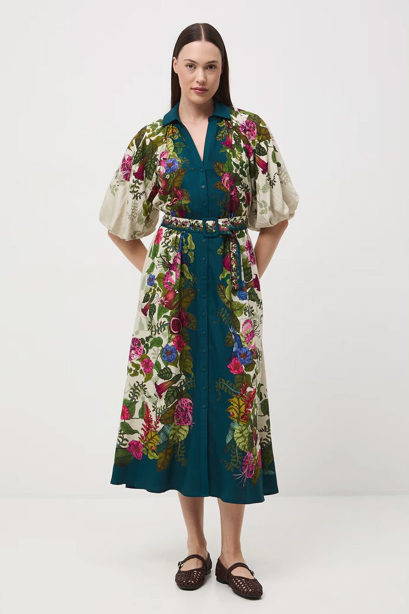 Φαρδύ Φόρεμα από Βισκόζη με Botanical Print και Ζώνη
