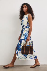 Μάξι φόρεμα με βισκόζη σε εκρού βάση και abstract floral print σε μπλε αποχρώσεις