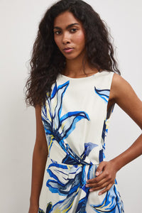 Μάξι φόρεμα με βισκόζη σε εκρού βάση και abstract floral print σε μπλε αποχρώσεις