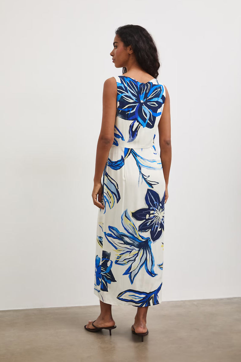 Μάξι φόρεμα με βισκόζη σε εκρού βάση και abstract floral print σε μπλε αποχρώσεις