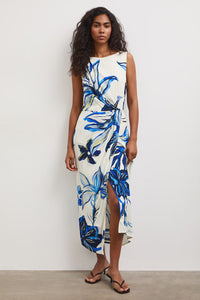 Μάξι φόρεμα με βισκόζη σε εκρού βάση και abstract floral print σε μπλε αποχρώσεις