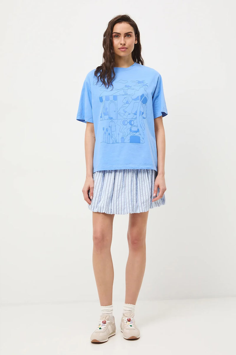 Oversize γαλάζιο γυναικείο βαμβακερό t-shirt με tonal ανάγλυφο print και φαρδιά κοντά μανίκια