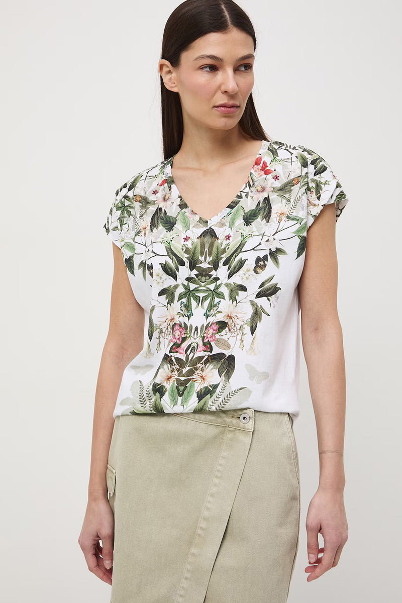 Βαμβακερό γυναικείο λευκό t-shirt με botanical print και V ντεκολτέ