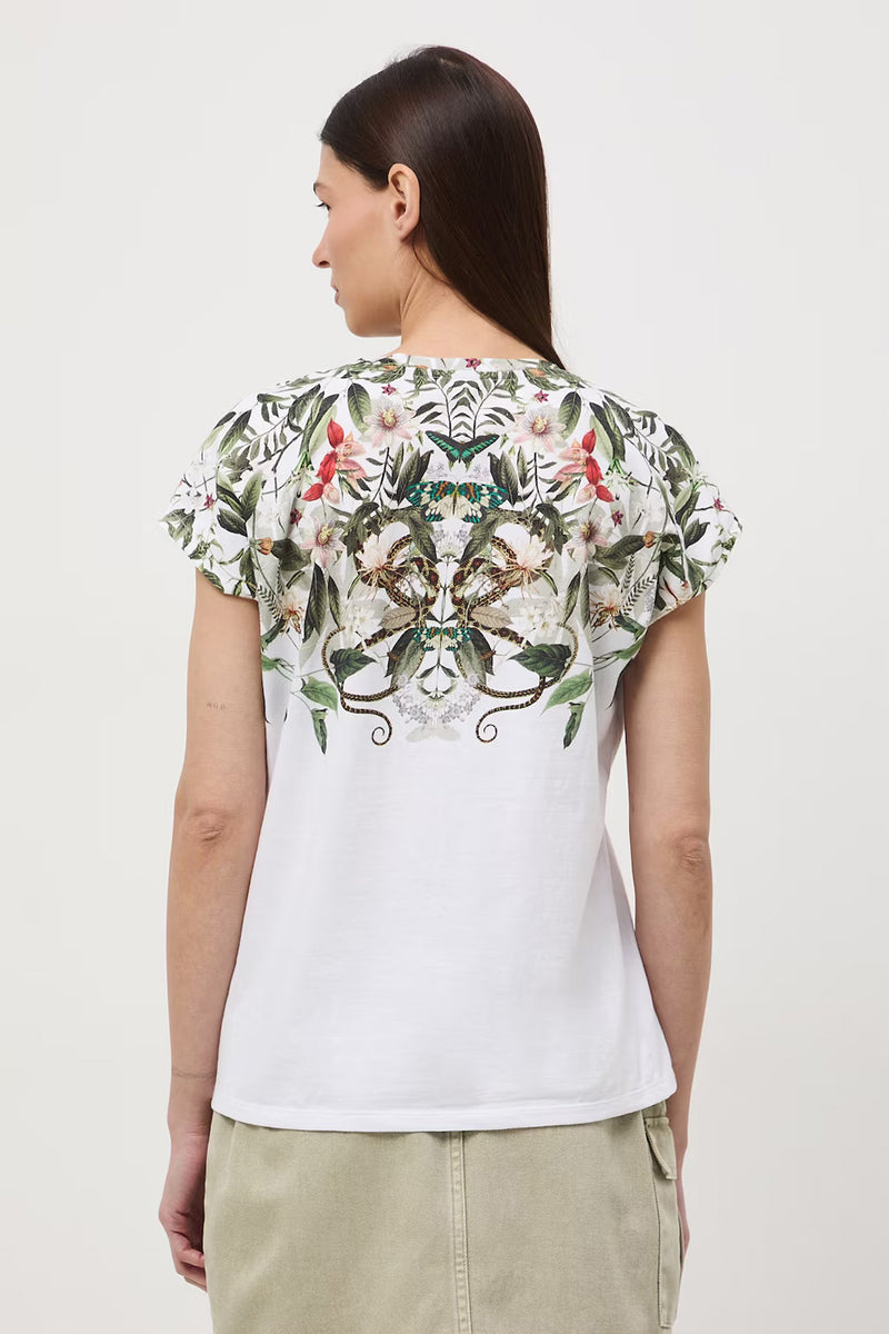 Βαμβακερό γυναικείο λευκό t-shirt με botanical print και V ντεκολτέ