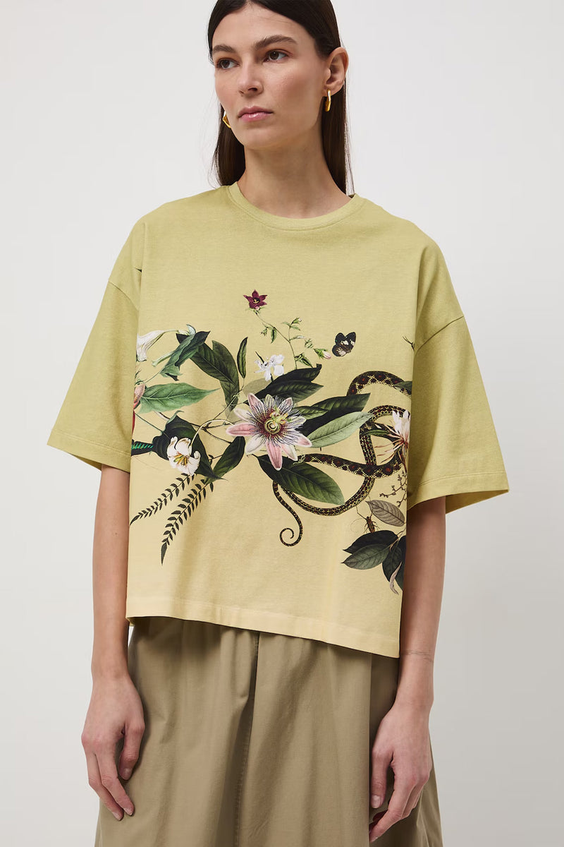 Oversize γυναικείο t-shirt σε φυστικί απόχρωση από βαμβάκι με ελαστάν και botanical print