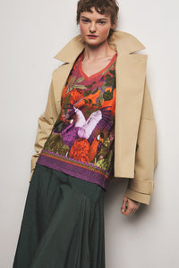 Γυναικείο t-shirt από βαμβάκι με ελαστάν και exotic tropical print σε πολύχρωμες αποχρώσεις