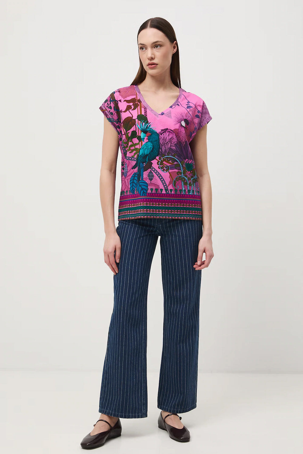 Γυναικείο T-Shirt από Βαμβάκι με Ελαστάν και Tropical Print