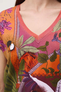 Γυναικείο t-shirt από βαμβάκι με ελαστάν και exotic tropical print σε πολύχρωμες αποχρώσεις