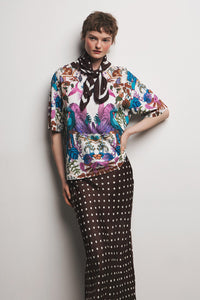 Oversize γυναικείο βαμβακερό t-shirt με πολύχρωμο exotic tropical print