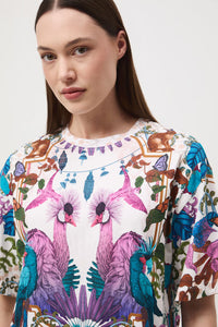 Oversize γυναικείο βαμβακερό t-shirt με πολύχρωμο exotic tropical print