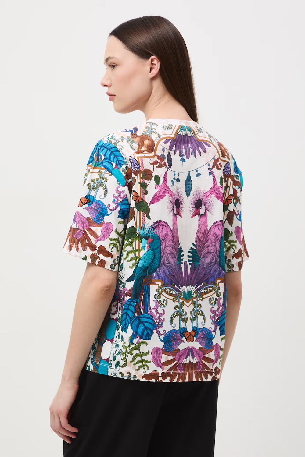 Oversize γυναικείο βαμβακερό t-shirt με πολύχρωμο exotic tropical print