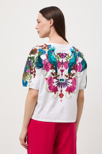 Oversize βαμβακερό λευκό t-shirt με exotic tropical print σε φούξια και turquoise αποχρώσεις