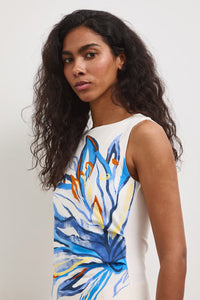 Γυναικείο αμάνικο top σε εκρού βάση με oversized floral print σε μπλε και πορτοκαλί αποχρώσεις