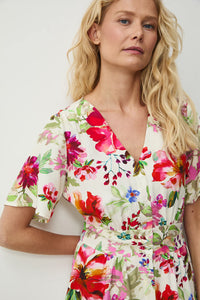 Κοντό φόρεμα από βισκόζη με πολύχρωμο floral print σε εκρού βάση και ελαστική μέση