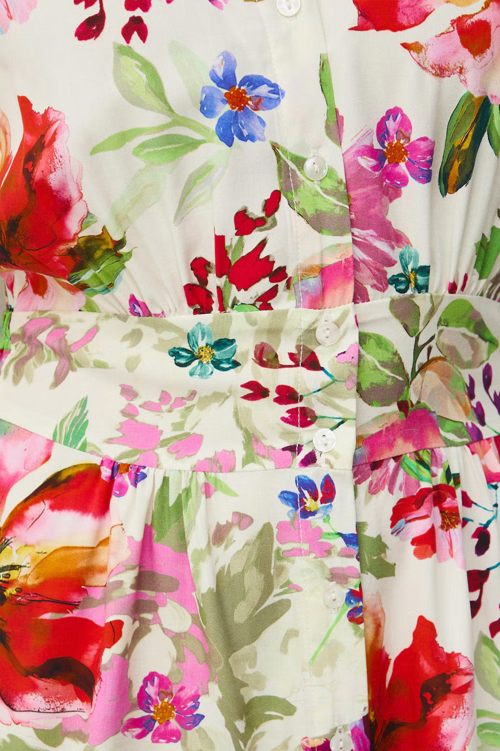 Κοντό φόρεμα από βισκόζη με πολύχρωμο floral print σε εκρού βάση και ελαστική μέση
