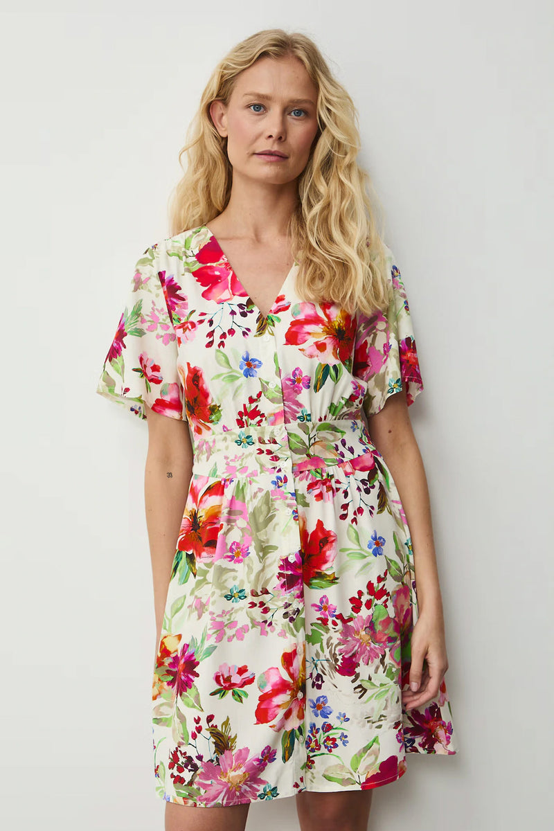Κοντό φόρεμα από βισκόζη με πολύχρωμο floral print σε εκρού βάση και ελαστική μέση