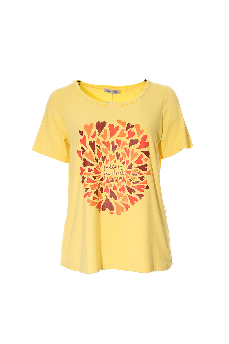 Κίτρινο t-shirt με καρδιές και μήνυμα “Follow your heart” σε πορτοκαλί και μπορντό