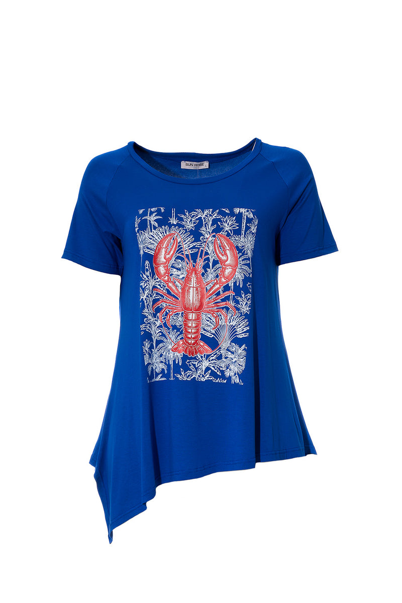 Μπλε t-shirt με print κόκκινο αστακό και ασύμμετρο τελείωμα