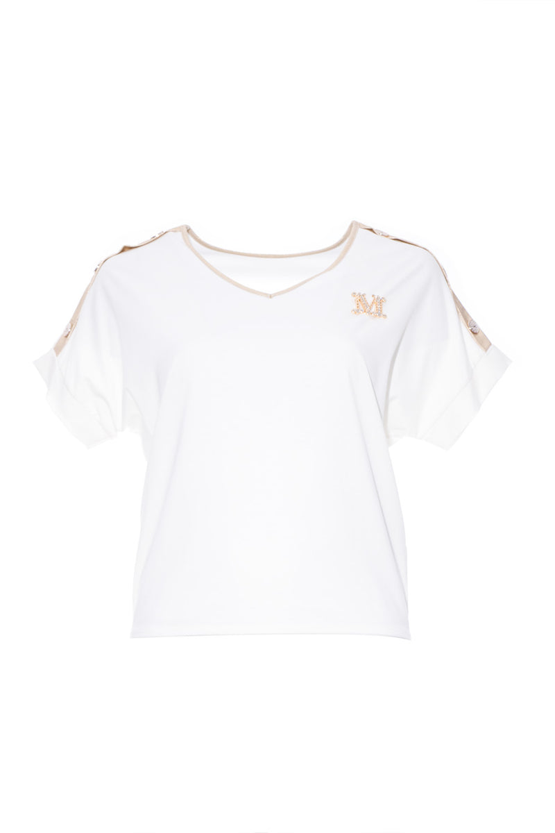 Λευκό t-shirt με γράμμα Μ και κουμπιά στους ώμους