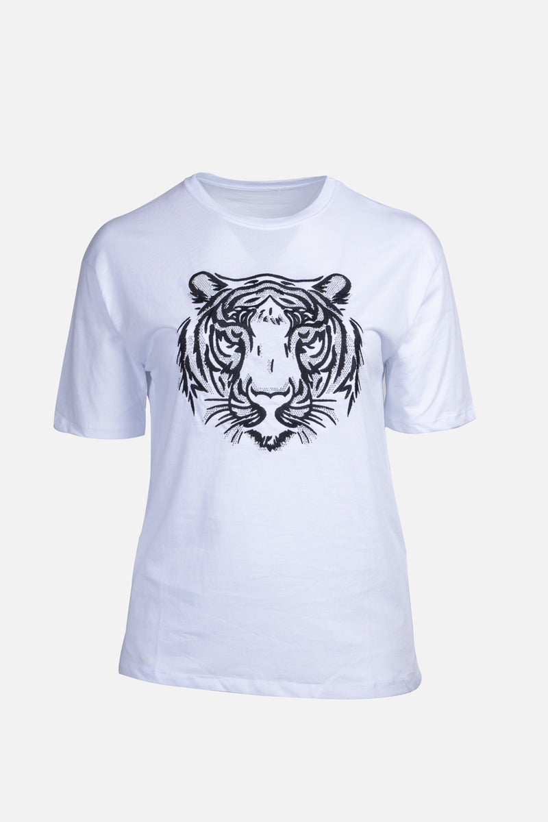 Λευκό T-shirt με σχέδιο τίγρης, κοντά μανίκια και απαλή βαμβακερή υφή.