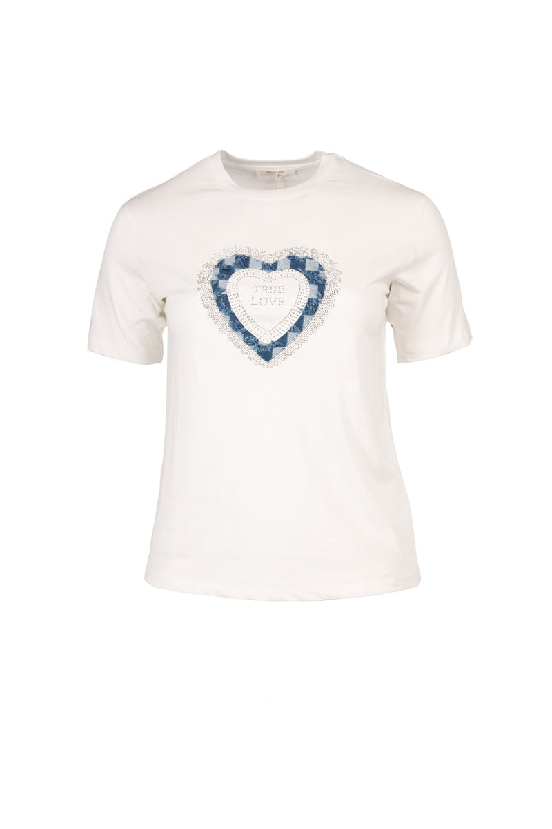 λευκό t-shirt True Love με καρδιά από δαντέλα και τζιν ύφασμα