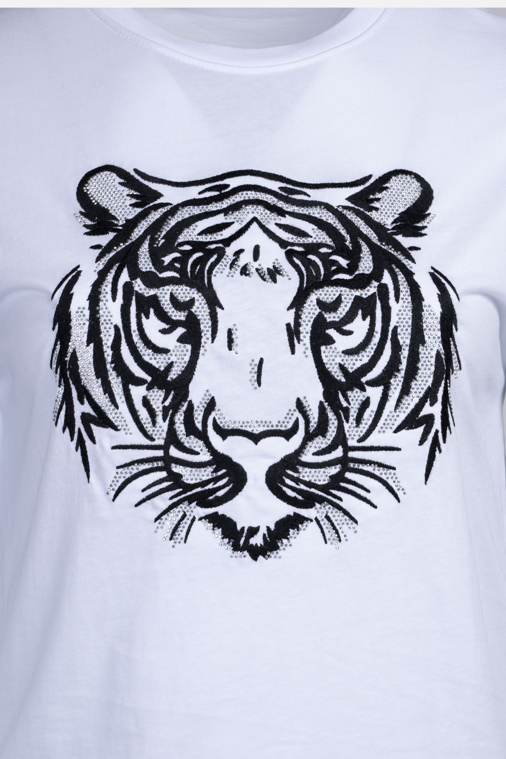 White T-shirt featuring a striking black tiger design with rhinestones, perfect for casual stylish looks.