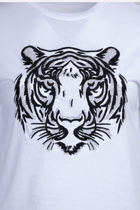 White T-shirt featuring a striking black tiger design with rhinestones, perfect for casual stylish looks.