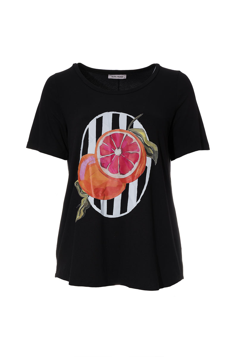 Μαύρο t-shirt με τύπωμα φρούτο και λευκές ρίγες, One Size
