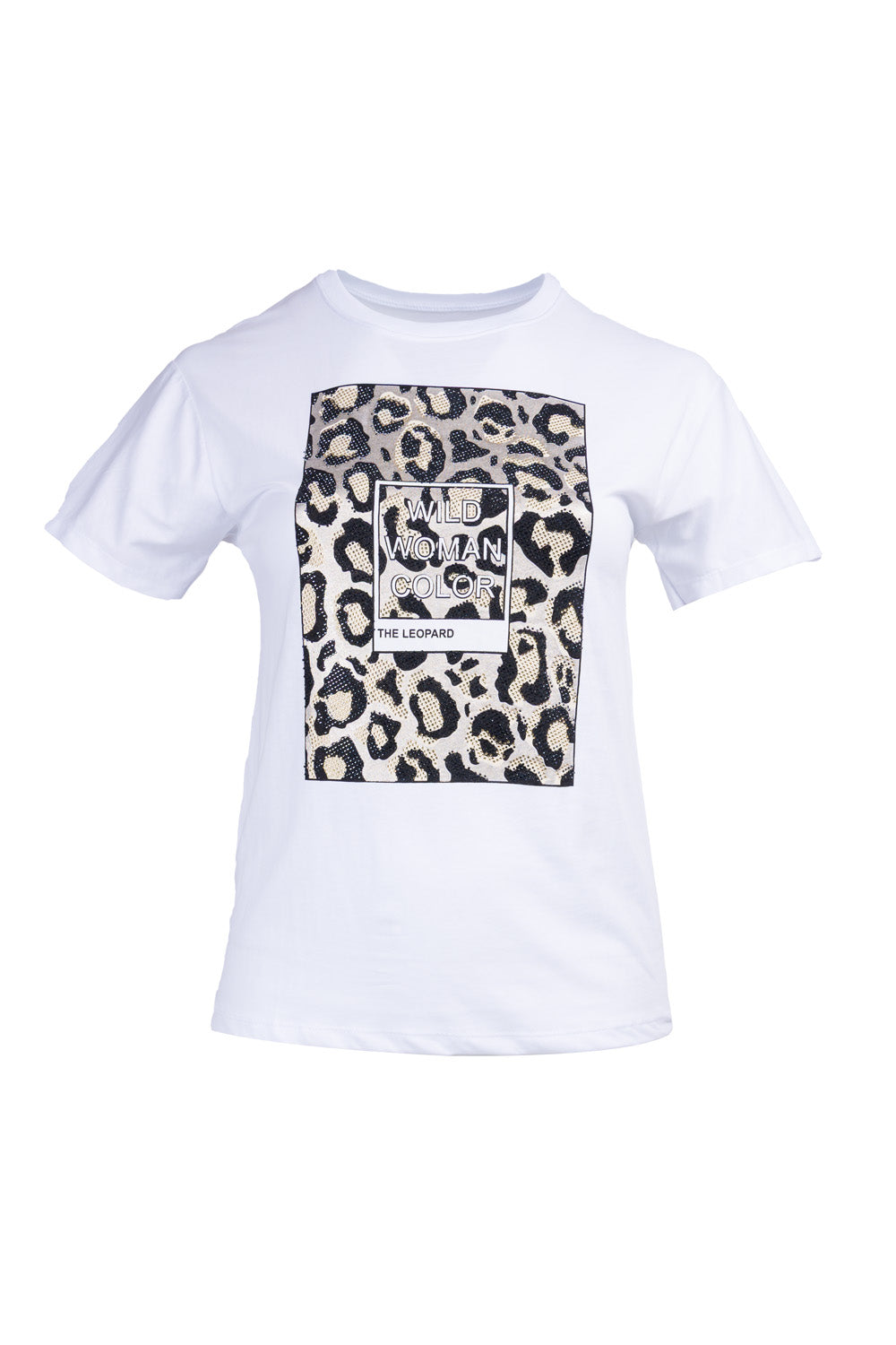 Λευκό t-shirt με leopard print και στρας “Wild Woman Color”