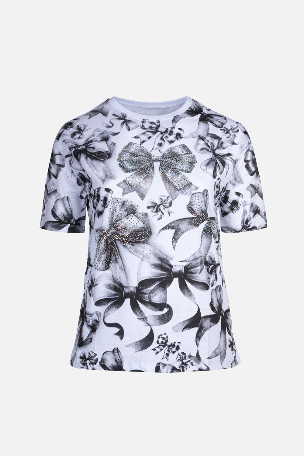 Stylish T-shirt with bow print and sparkling rhinestones for a chic casual look.