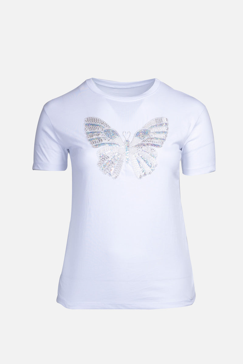 “T-shirt με πεταλούδα διακοσμημένη με strass, για λαμπερό και θηλυκό look.”