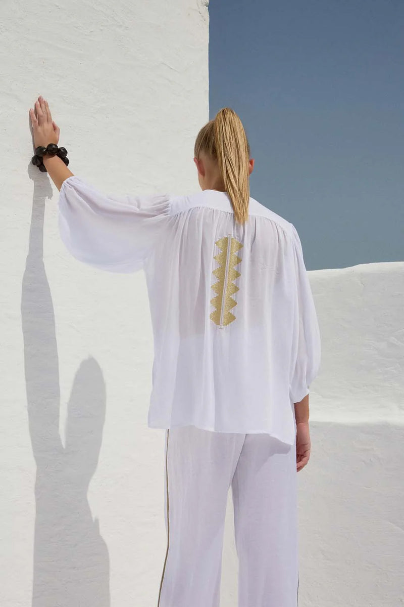 Tunik White Lady iRous με χρυσό κέντημα και φαρδιά μανίκια