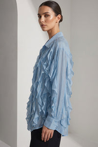 Γυναικείο αέρινο πουκάμισο γαλάζιο με βολάν και μακριά μανίκια από Ellisargi Boutique