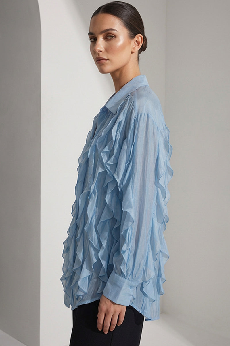 Γυναικείο αέρινο πουκάμισο γαλάζιο με βολάν και μακριά μανίκια από Ellisargi Boutique