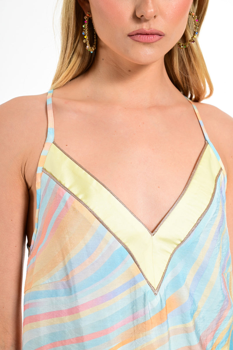 Γυναικείο αέρινο top Rainbow Print με λεπτές τιράντες, V λαιμόκοψη και παστέλ πολύχρωμο κυματιστό σχέδιο.