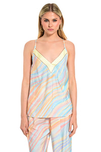 Γυναικείο αέρινο top Rainbow Print με λεπτές τιράντες, V λαιμόκοψη και παστέλ πολύχρωμο κυματιστό σχέδιο.