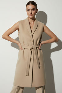 Αμάνικο camel παλτό με ζώνη και shawl γιακά – Ellisargi Boutique