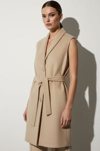 Αμάνικο camel παλτό με ζώνη και shawl γιακά – Ellisargi Boutique