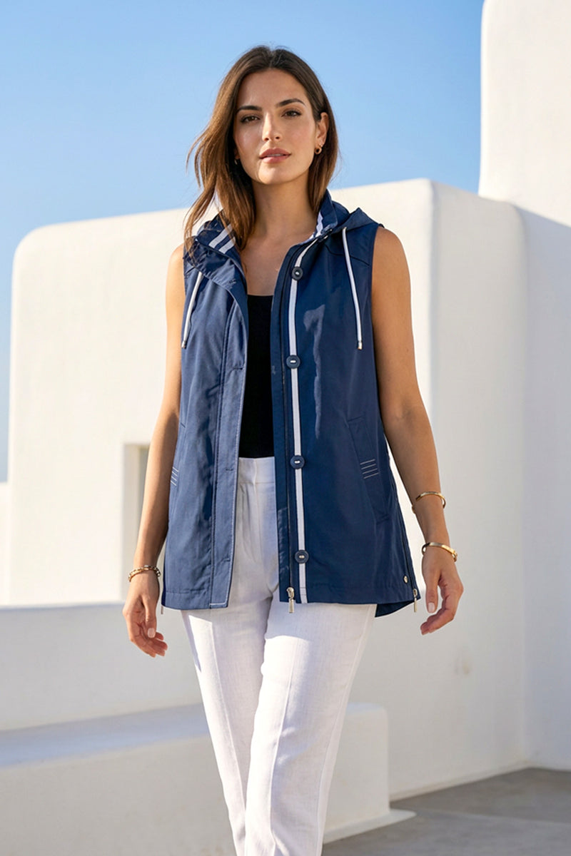 Αμάνικο navy jacket με κουκούλα και κουμπιά για καθημερινό layering look