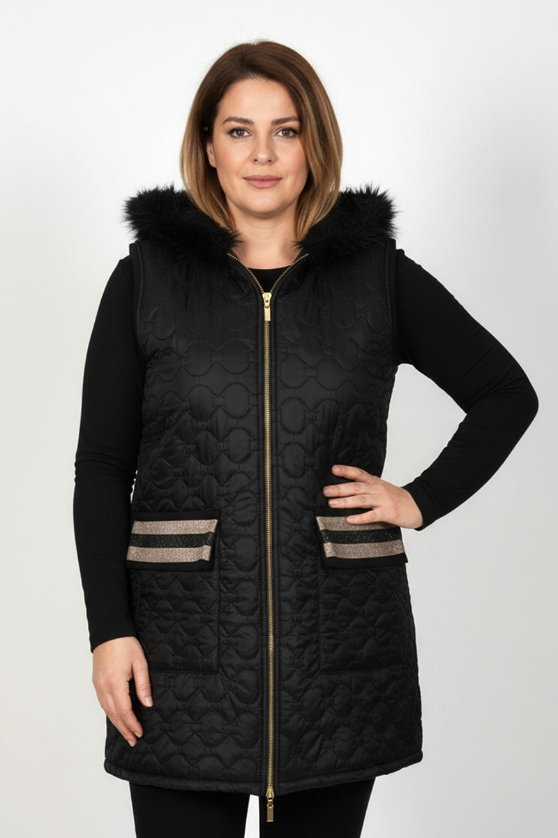 Αμάνικο μαύρο μπουφάν με κουκούλα και γούνα, Ellisargi Boutique