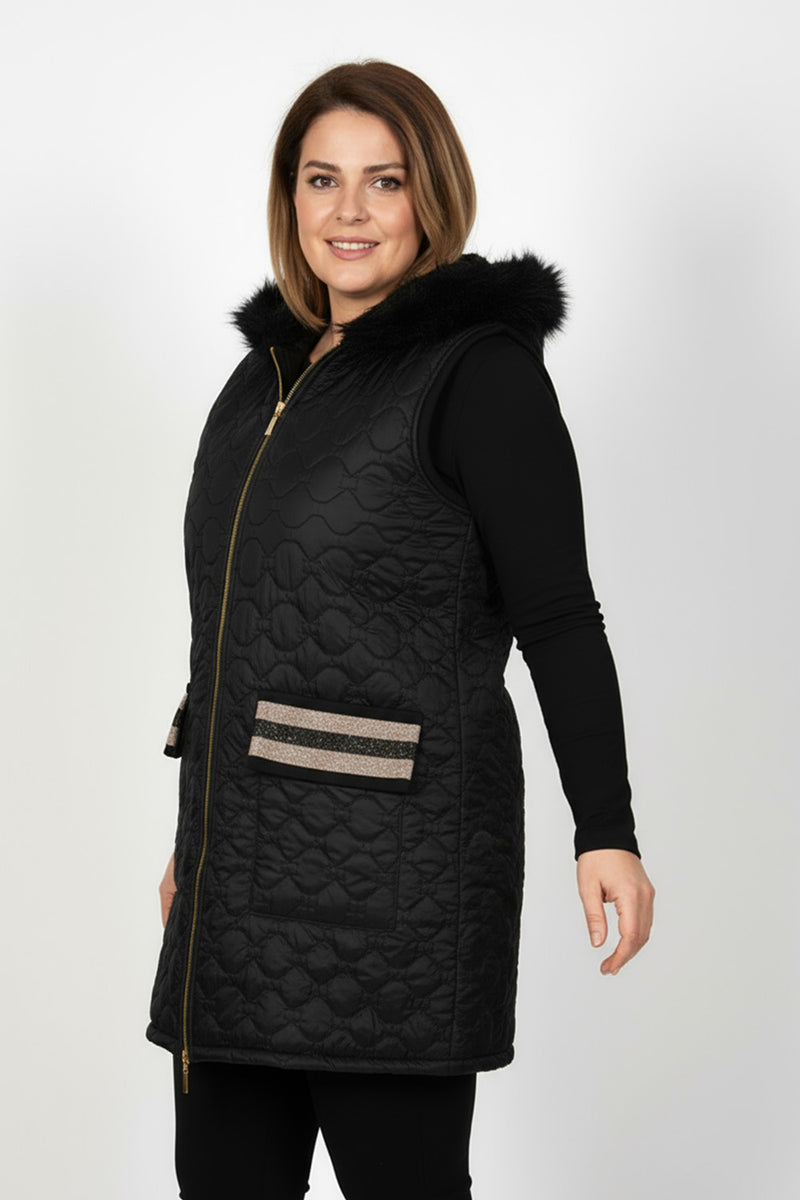 Αμάνικο μαύρο μπουφάν με κουκούλα και γούνα, Ellisargi Boutique